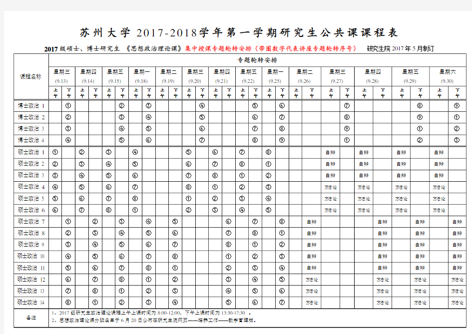 苏州大学2017-2018学年第一学期研究生公共课课程表