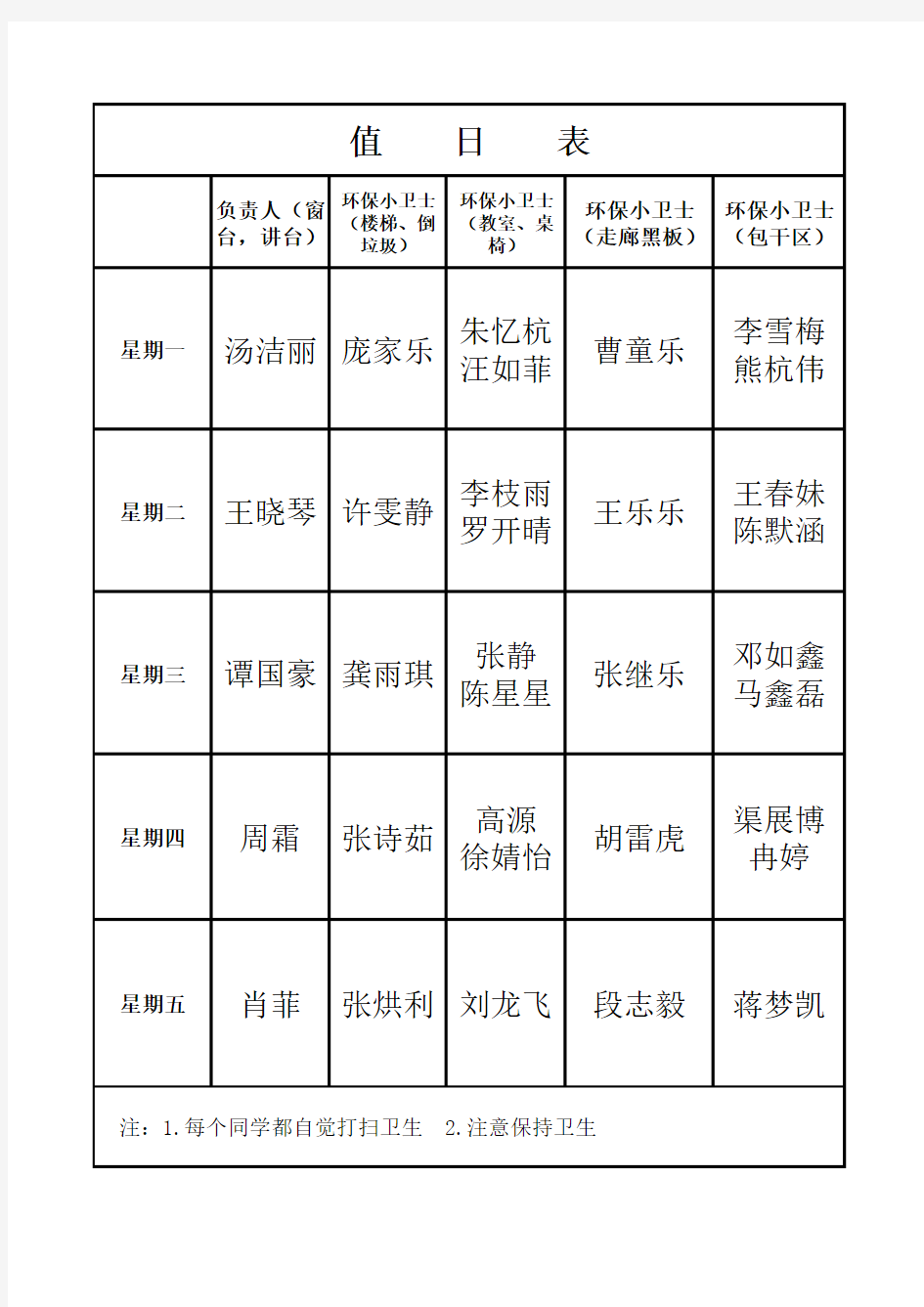 小学生值日表模板