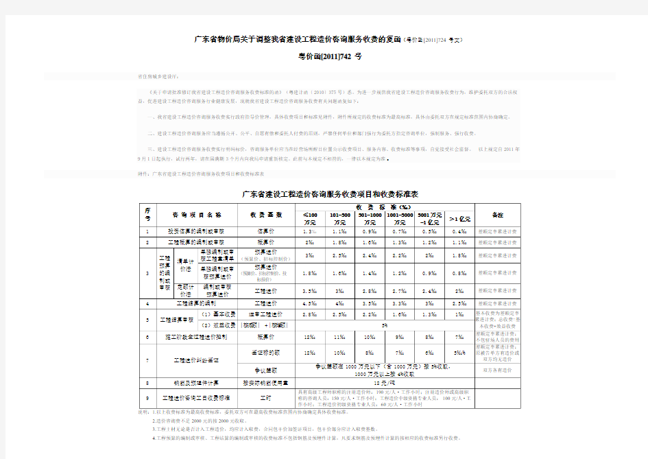 广东省建设工程造价咨询服务收费标准表