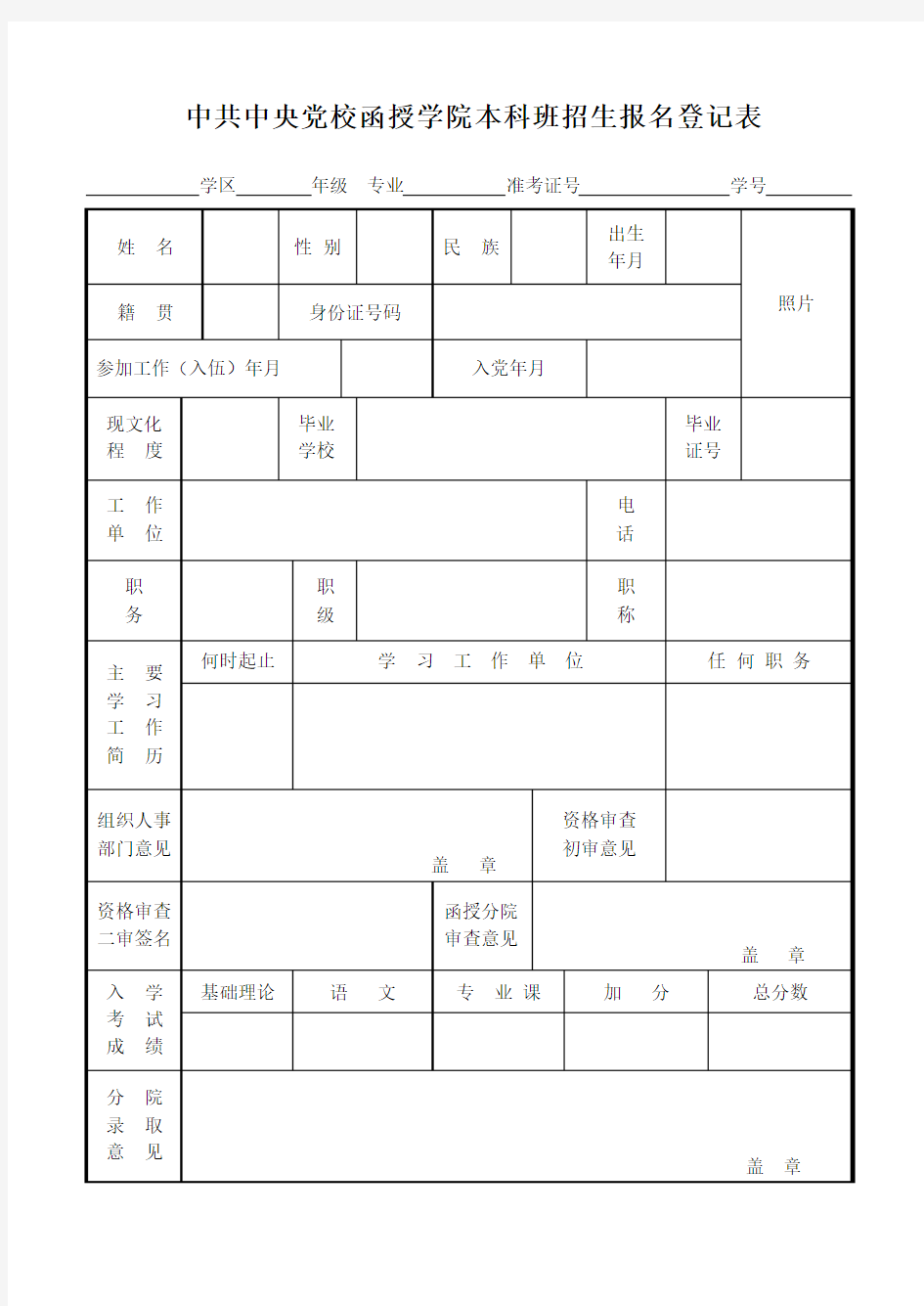 中共中央党校函授学院本科班招生报名登记表