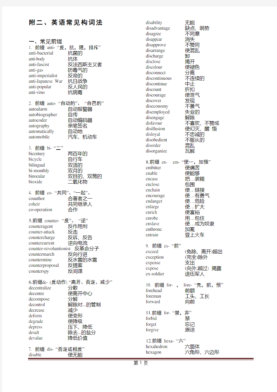 高中英语常见构词法单词一览表
