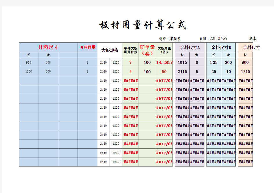 最新 板材用量计算公式