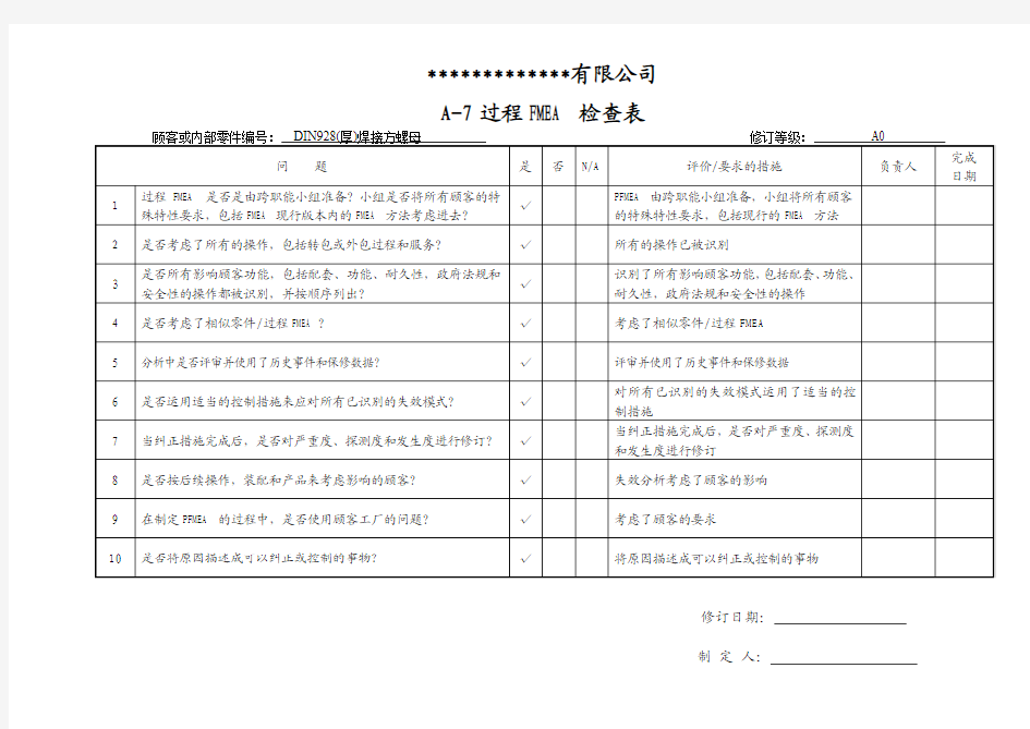 过程FMEA检查表