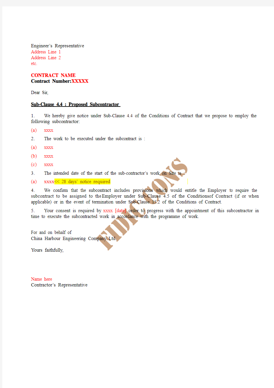 FIDIC 99版标准信件模板 CONS SC 4.4 Proposed Subcontractor