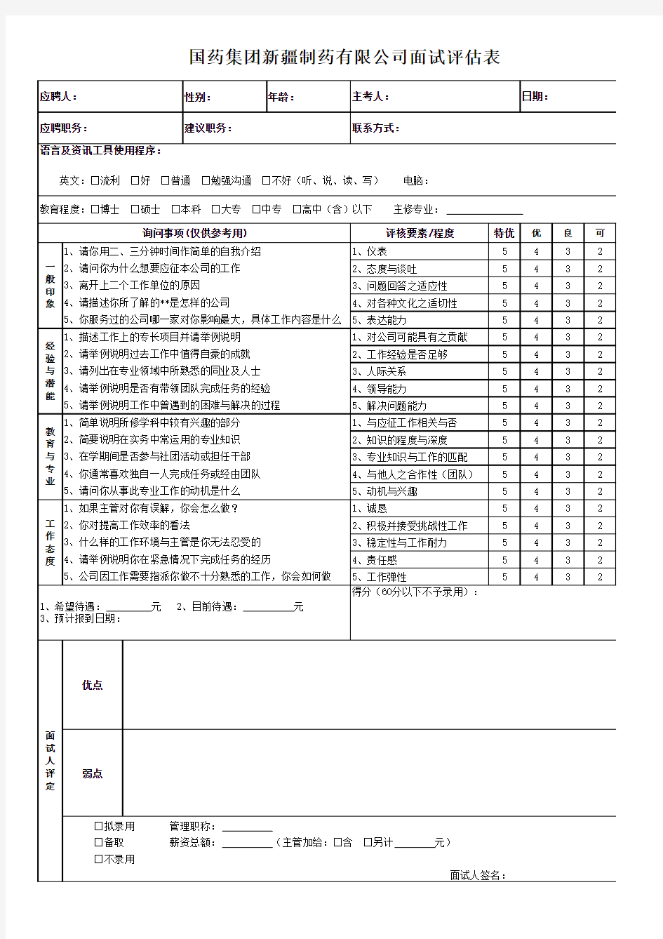 公司面试评估表