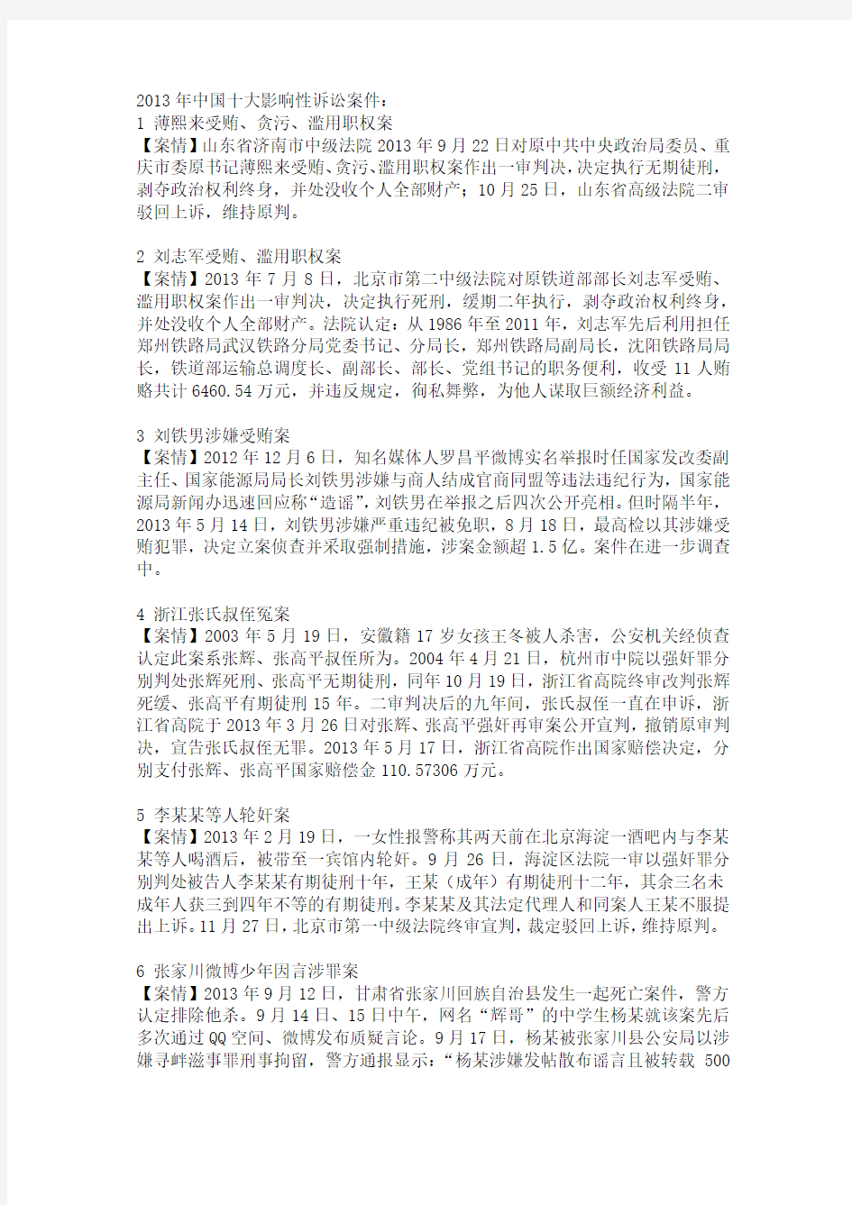 2011——2013年中国十大影响性诉讼案件