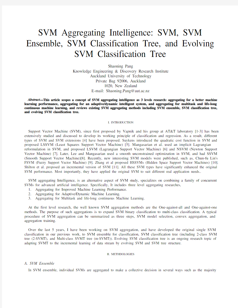 SVM Aggregating Intelligence SVM, SVM Ensemble, SVM Classification Tree, and Evolving SVM C