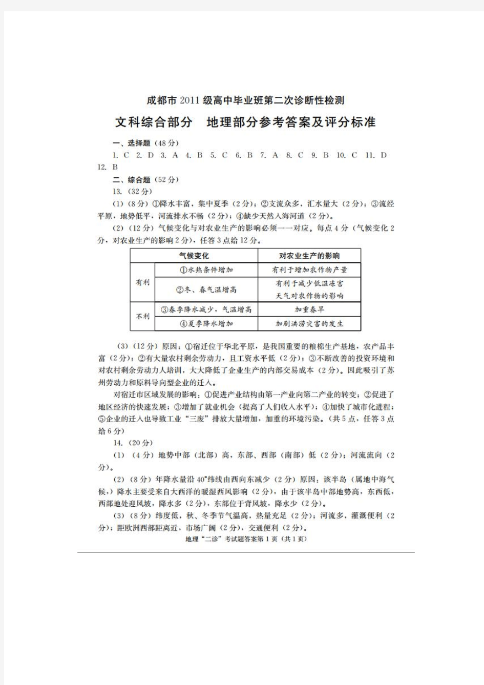 【恒心】2014年成都二诊文综地理部分试题参考答案(20140321)【全国首发】