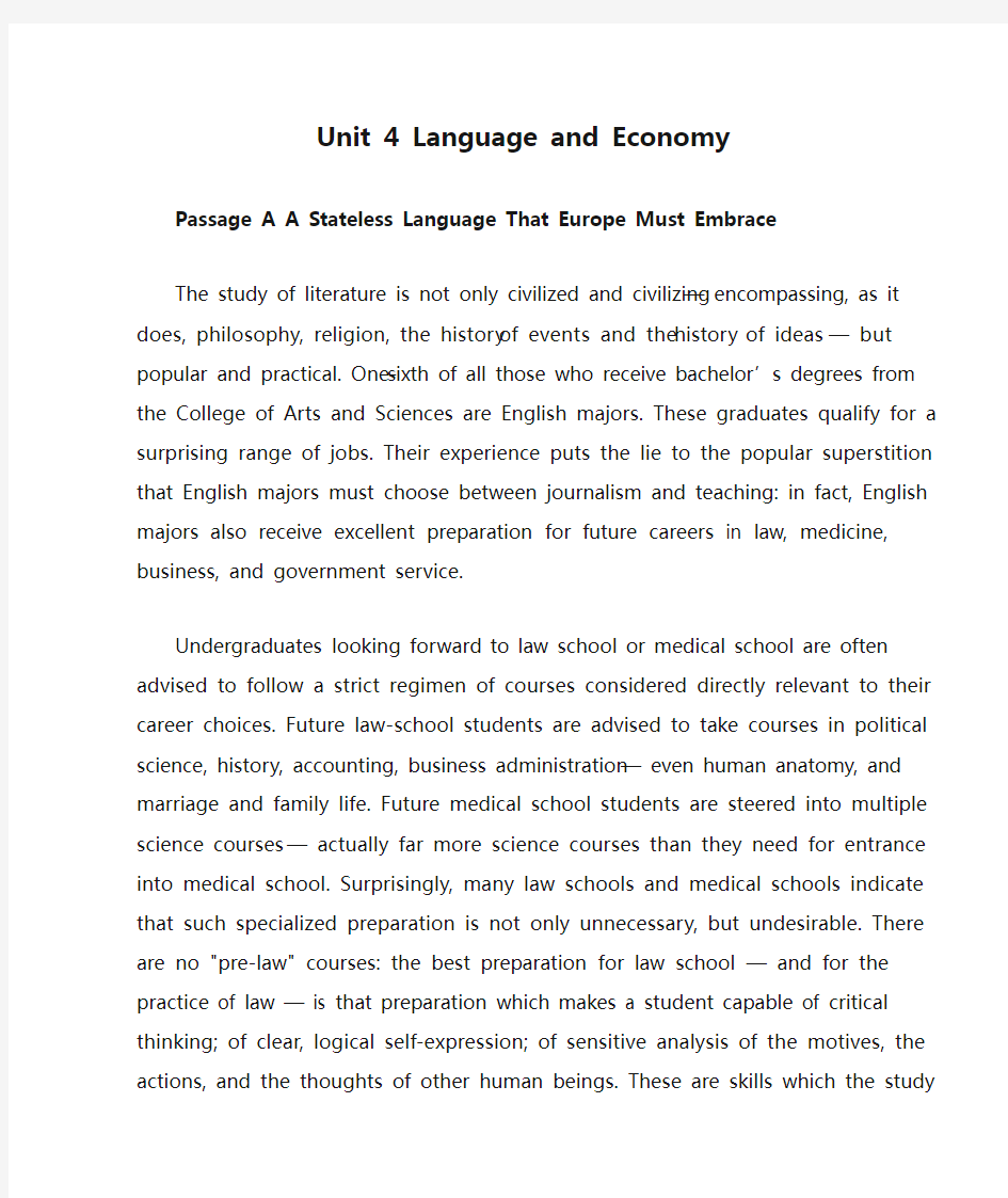 Unit 4 Language and Economy课文翻译大学体验英语四