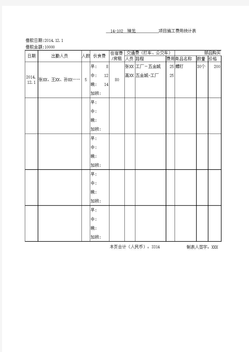 项目施工费用统计表(例)