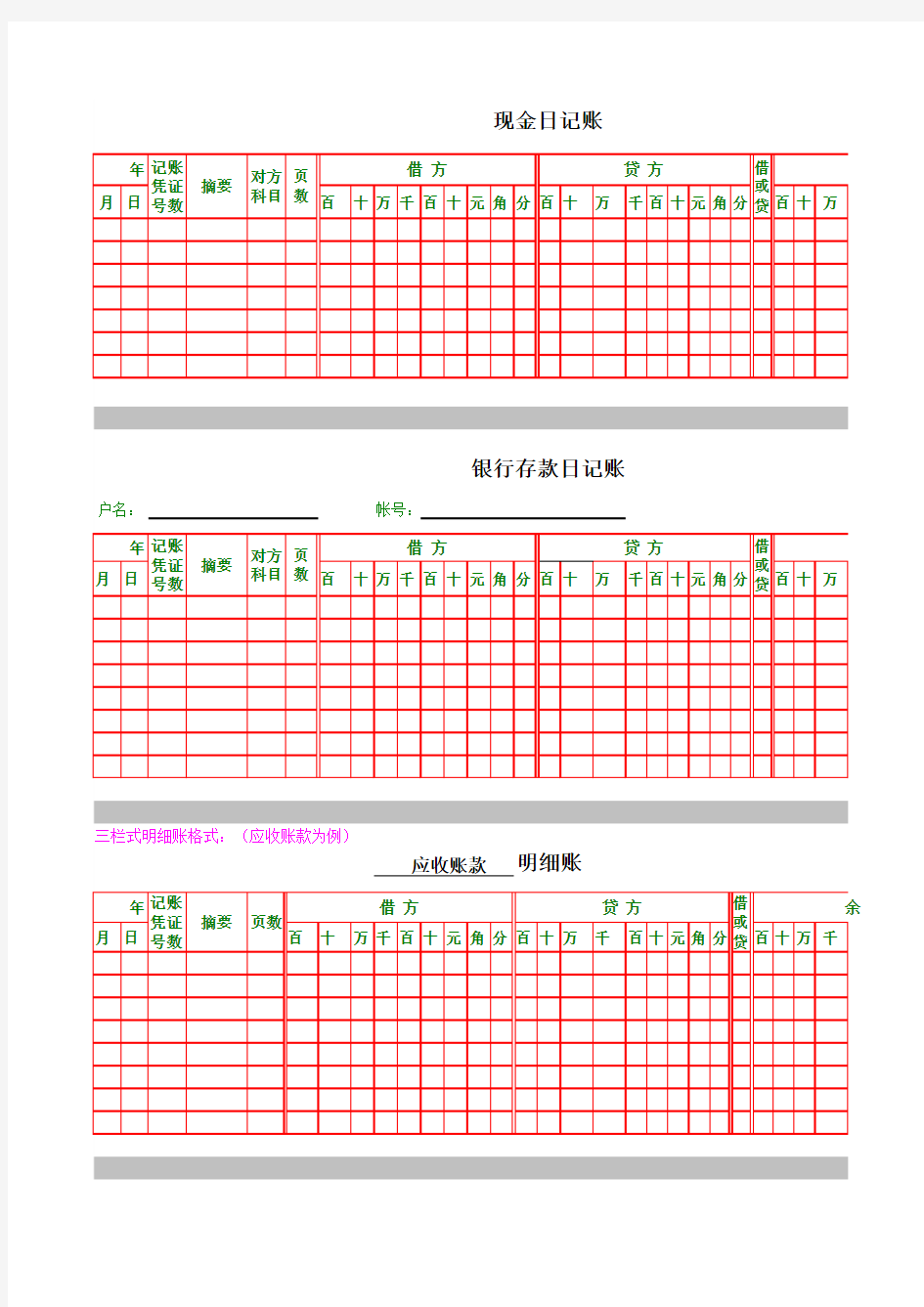 实用 总账、明细账、日记账格式