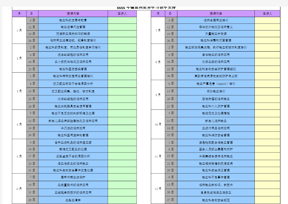 2016年输血科业务学习授课计划