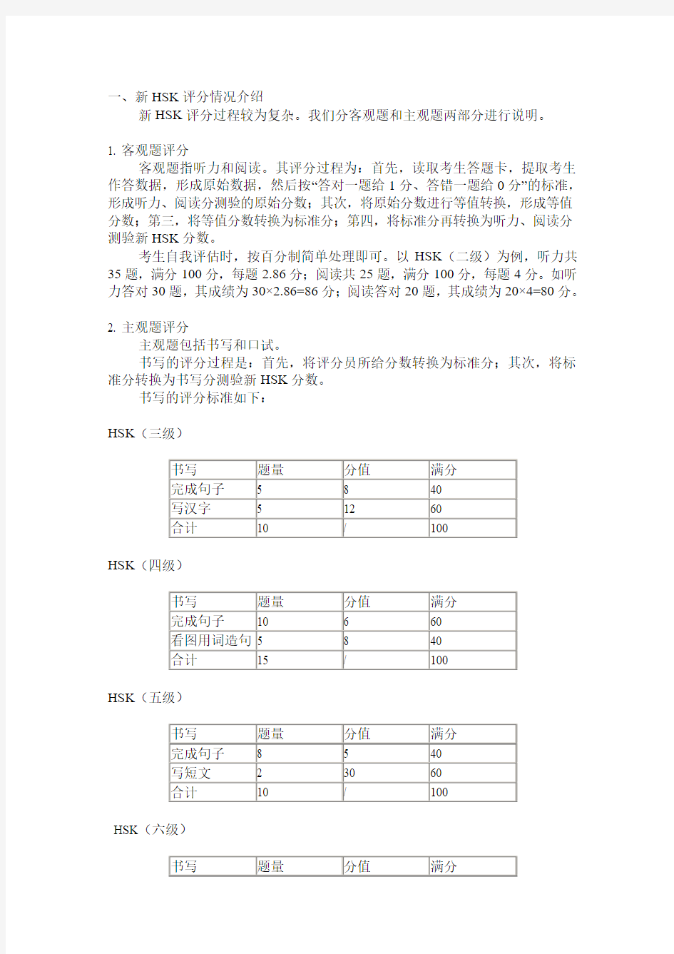 新hsk评分细则