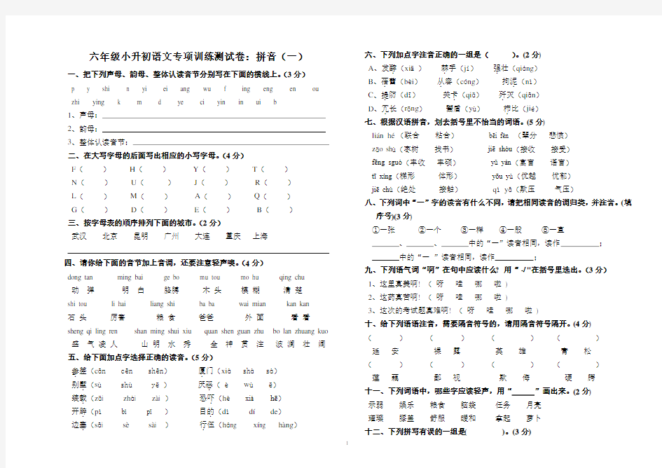六年级小升初语文专项训练测试卷：拼音(一)