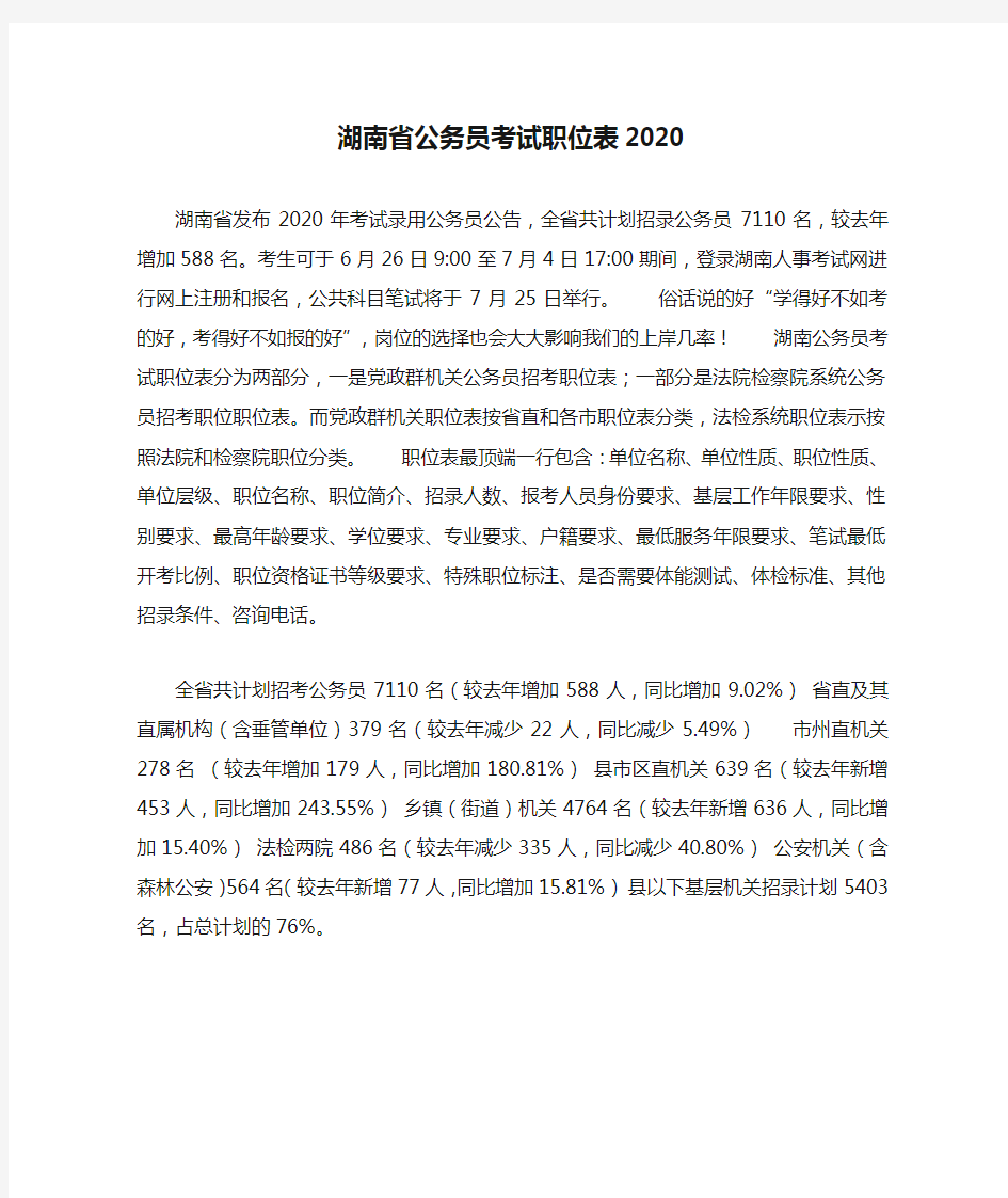 湖南省公务员考试职位表2020