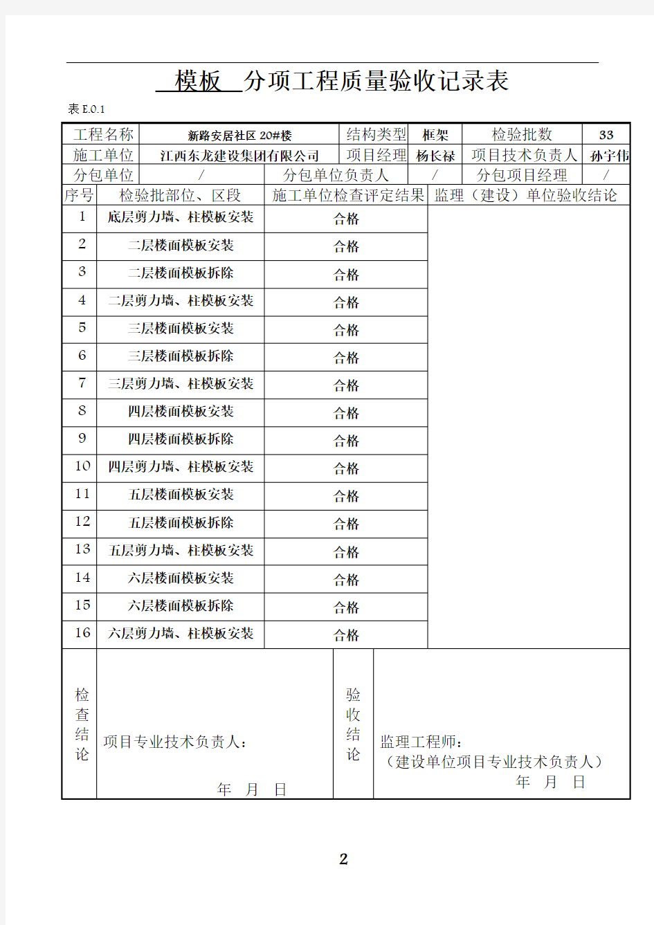 分项工程质量验收记录表