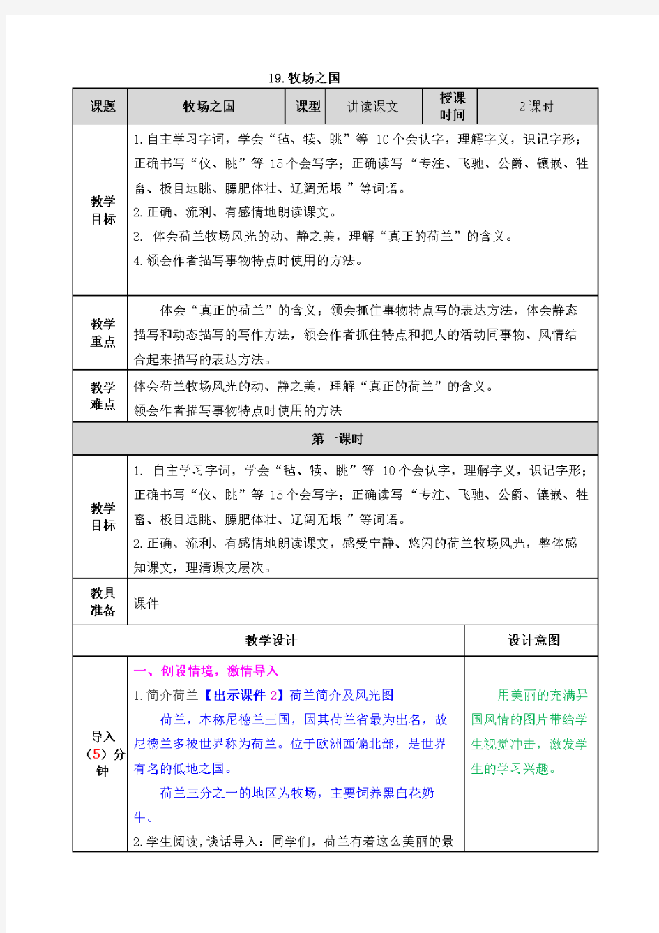 部编版小学五年级语文下册：19 牧场之国教案