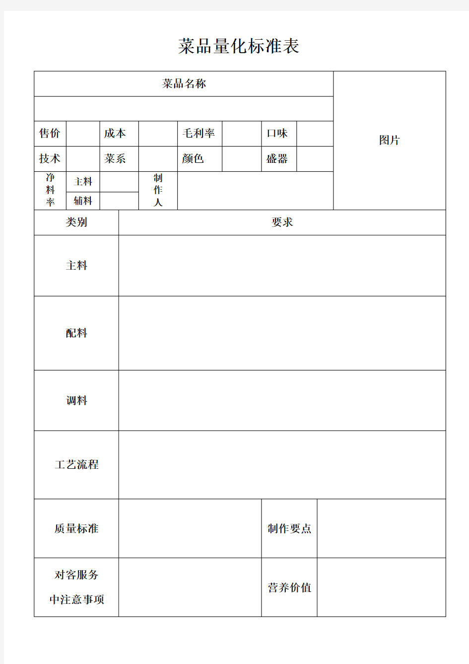 菜品量化标准表