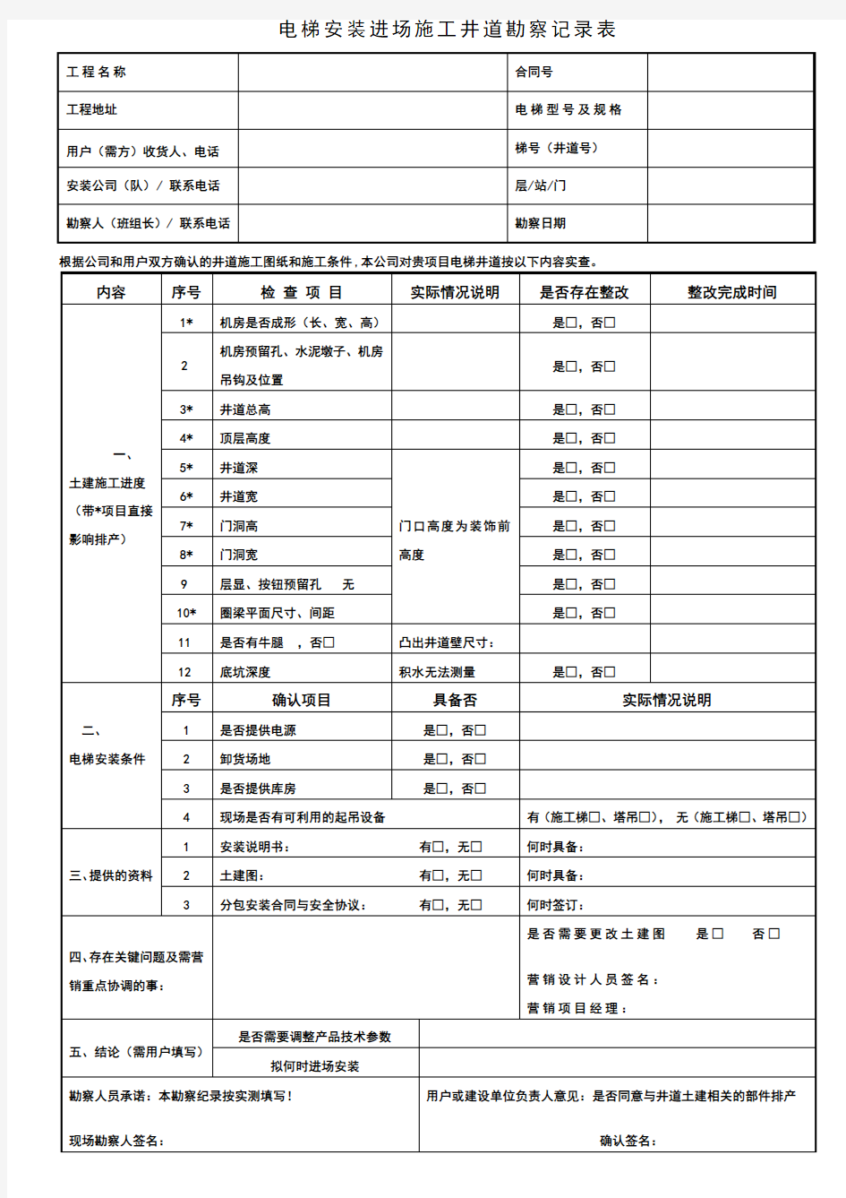 电梯井道勘察记录