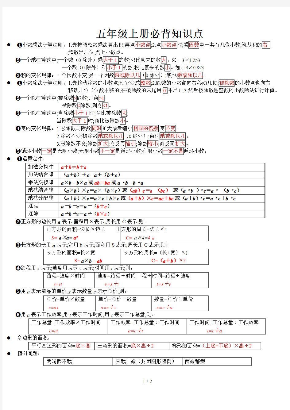 【小学数学】新人教版五年级上册数学必背知识点