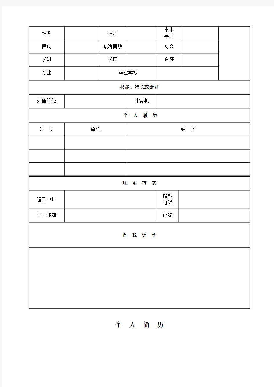 个人简历模板(全套)(完整版)