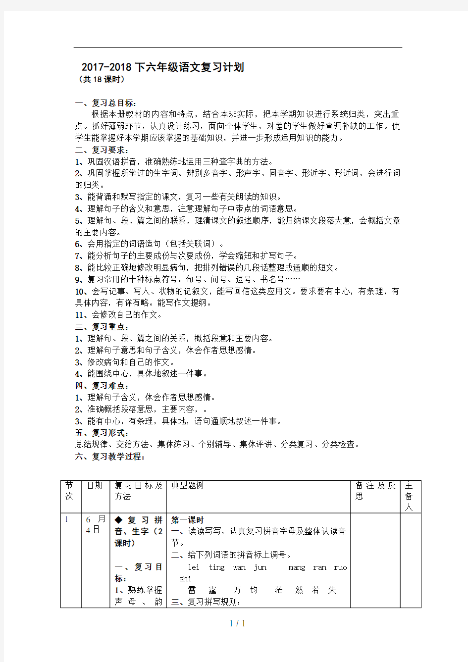 六年级语文毕业专项复习计划及教案