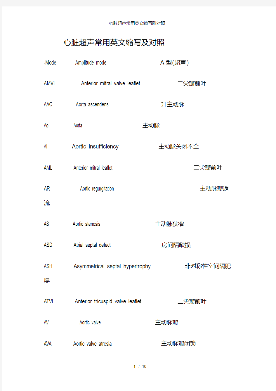 心脏超声常用英文缩写附对照