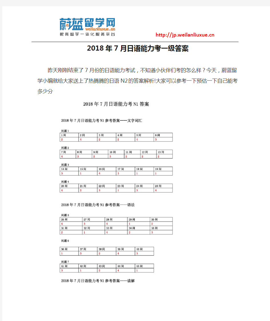 2018年7月日语能力考一级答案