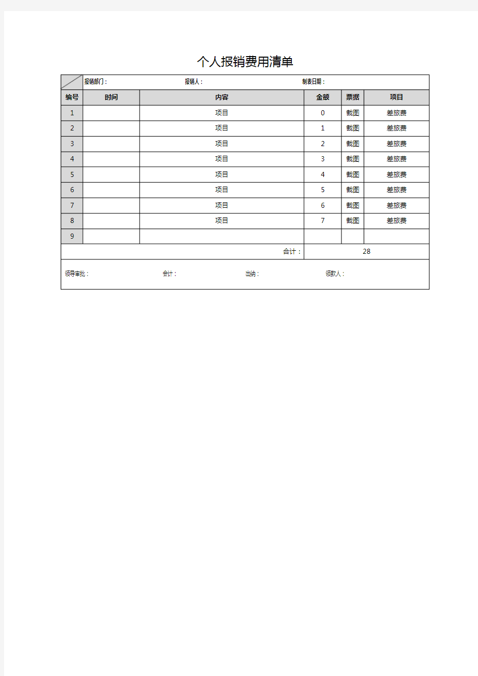 个人报销费用清单