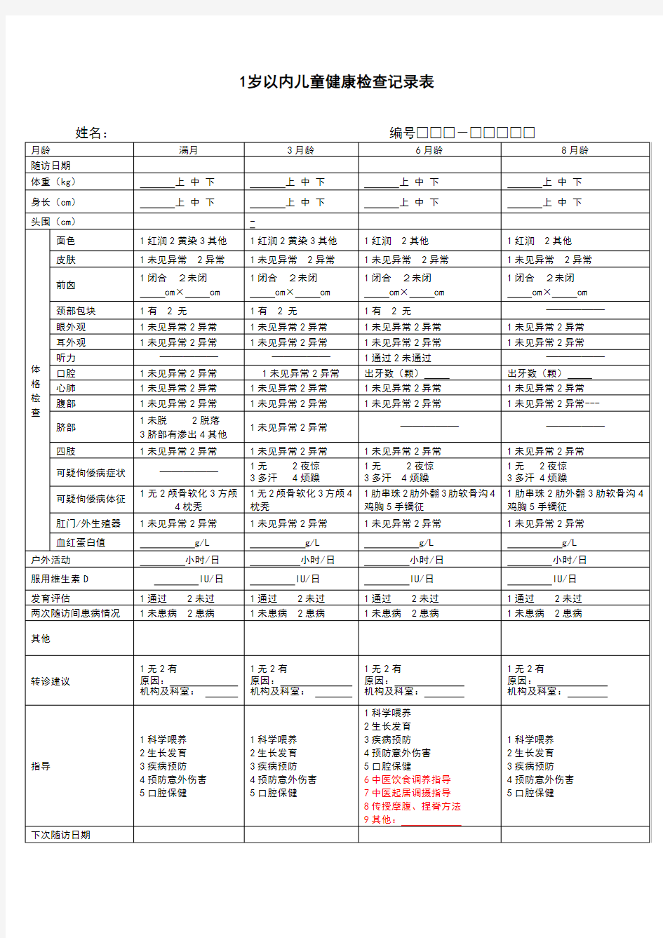 以内儿童健康检查记录表