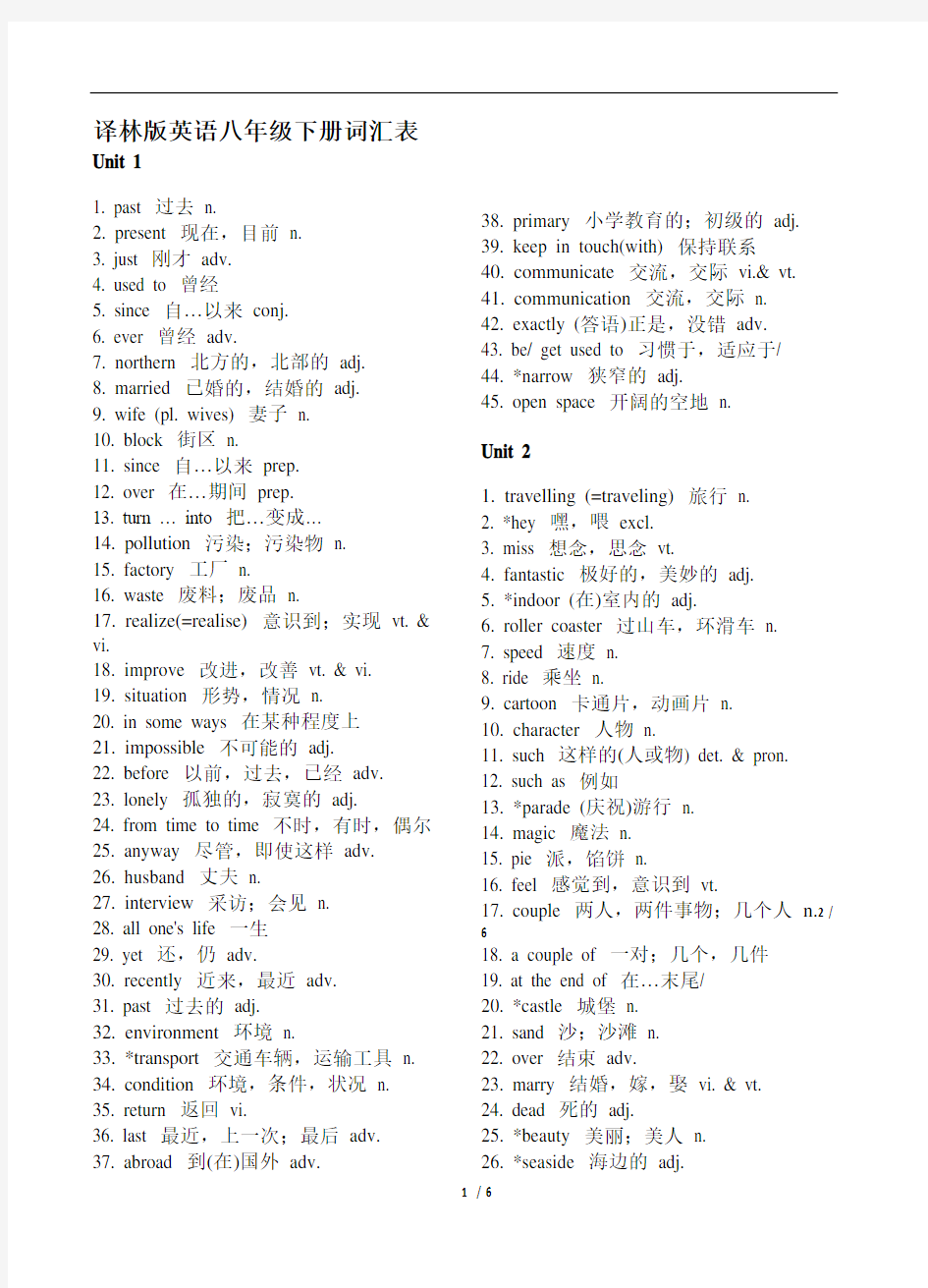 最新译林版英语八年级下册词汇表