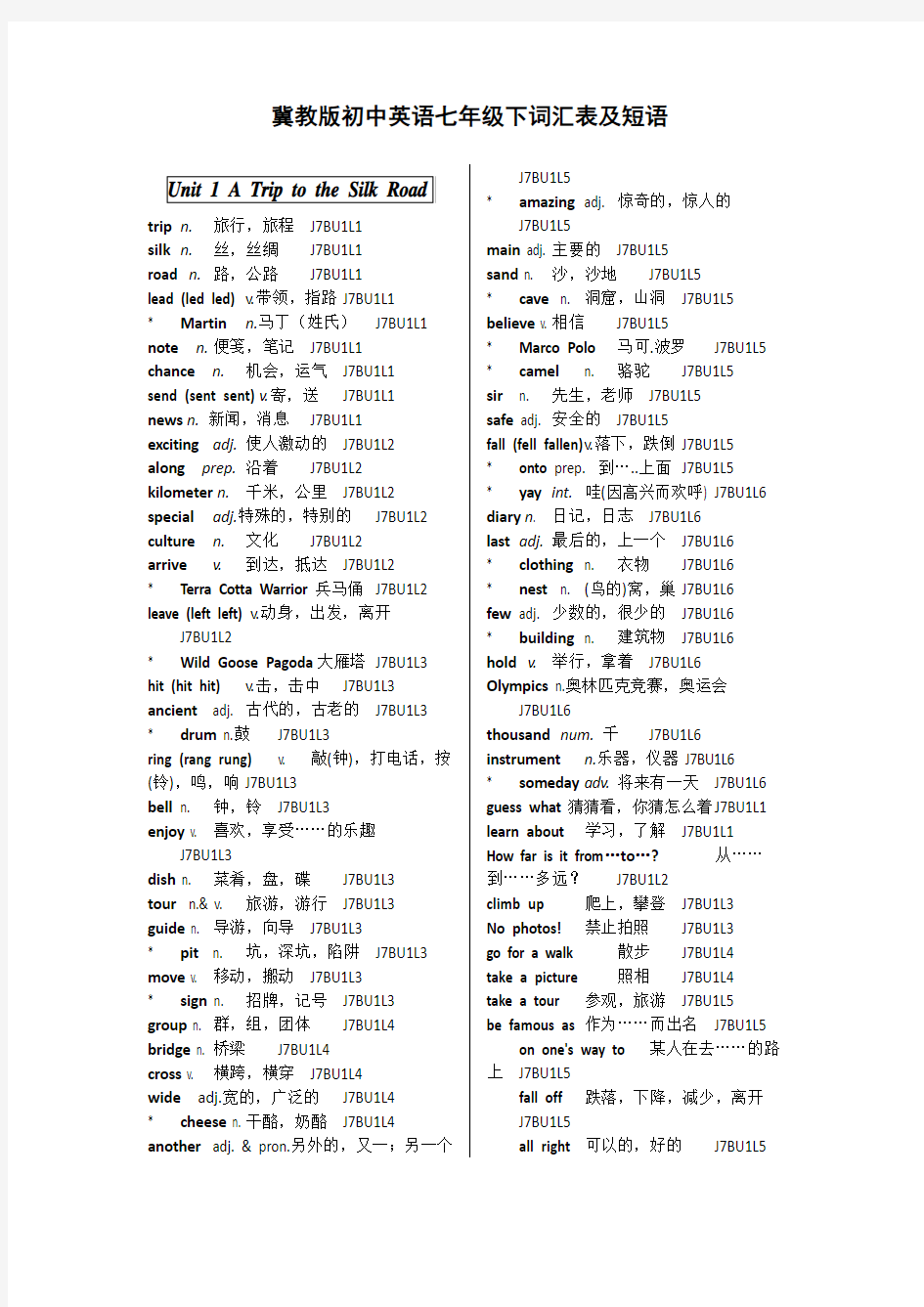 冀教版初中英语七年级下词汇表及短语