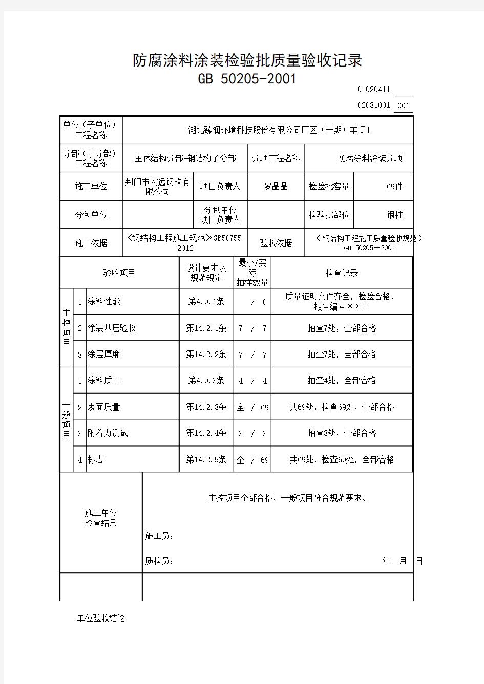 02031001_防腐涂料涂装检验批质量验收记录