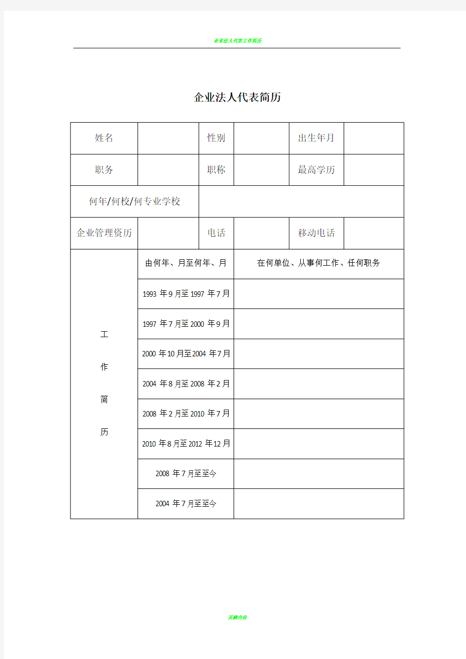 企业法人代表简历