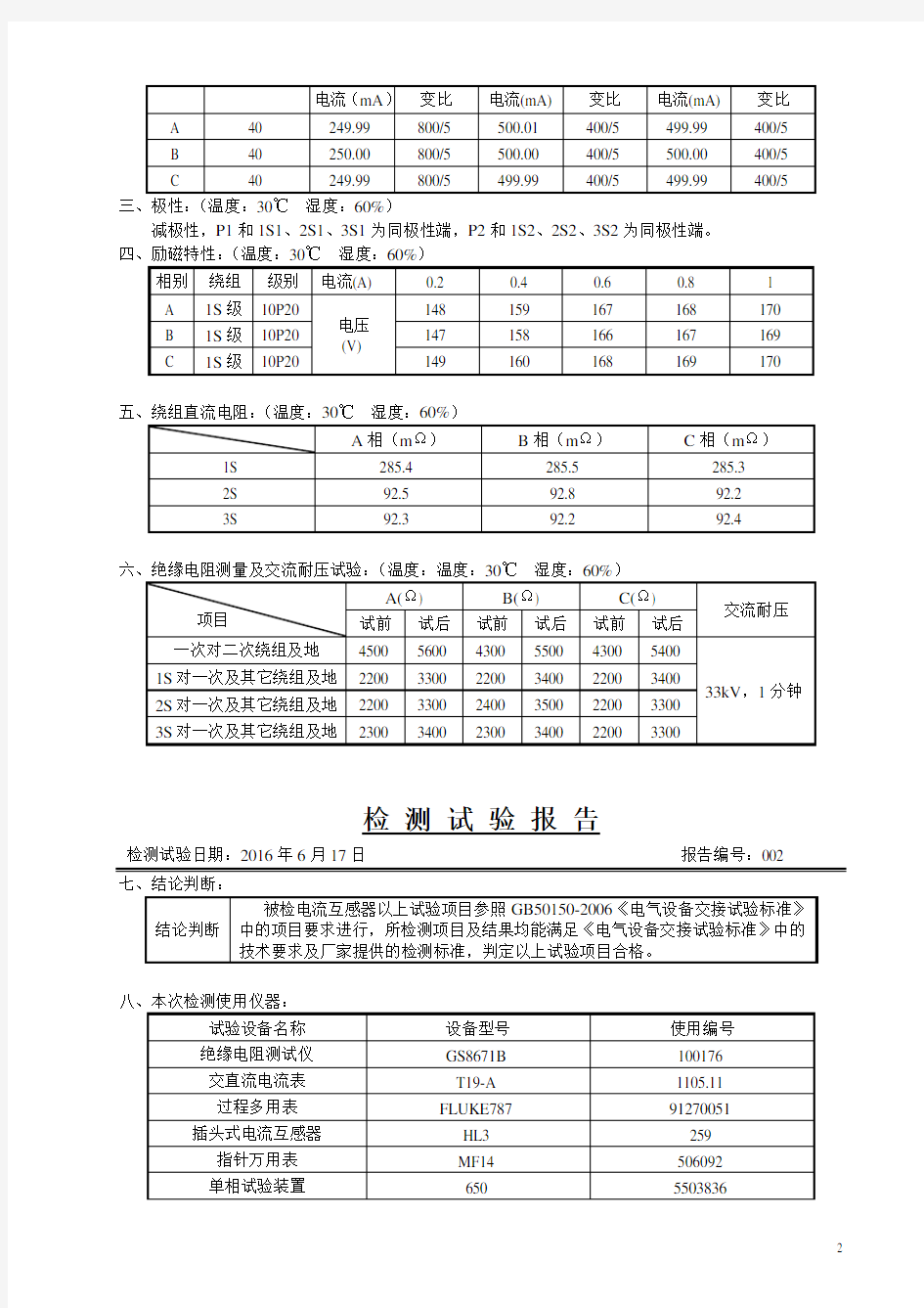 10kV电流互感器试验检测试验报告