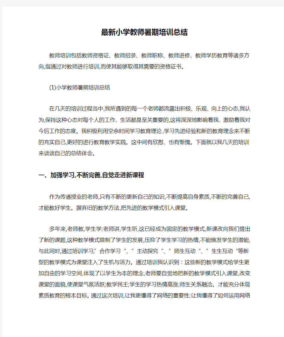 最新小学教师暑期培训总结