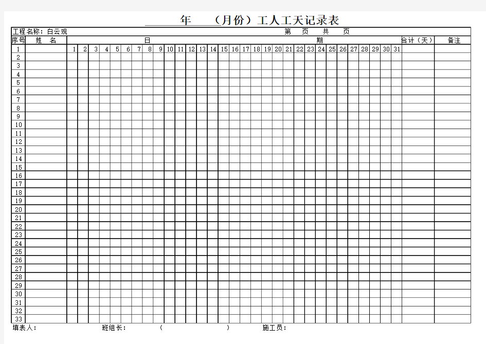 工人工天记录表