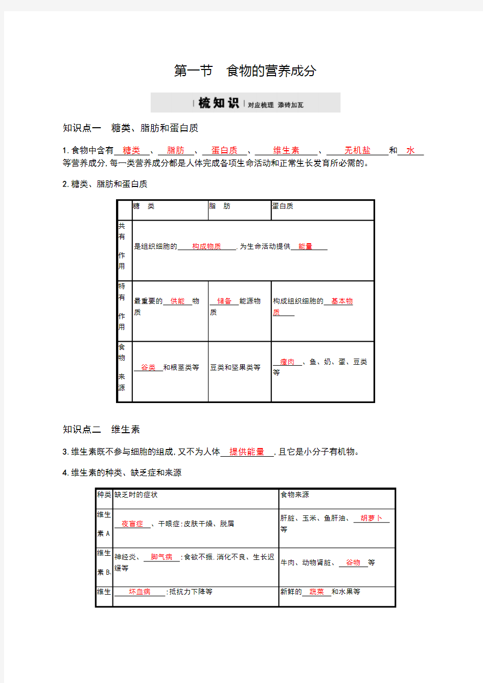 2018济南版生物七年级下册1.1《食物的营养成分》word练习题