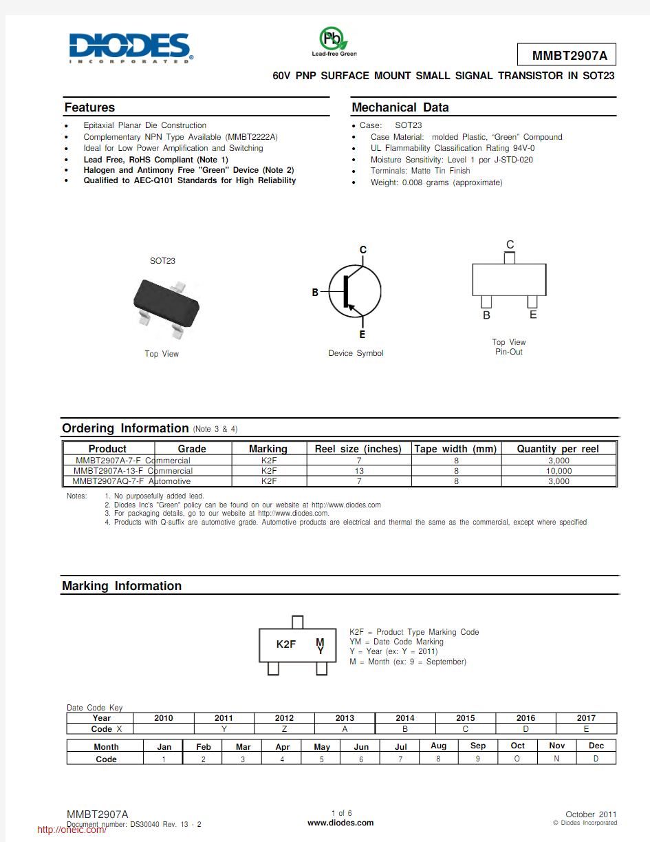 MMBT2907A-7-F;MMBT2907A-7;中文规格书,Datasheet资料