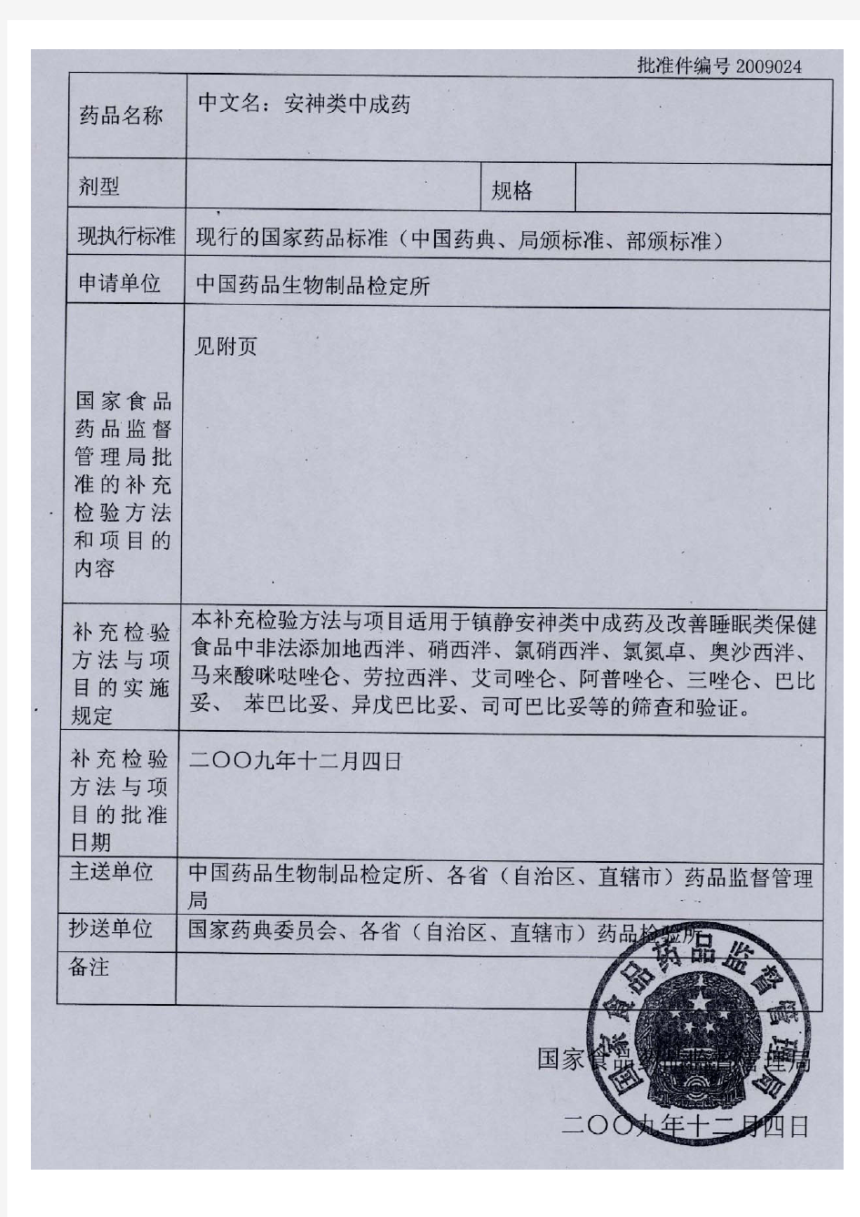 国家食品药品监督管理局非法掺加化学品的中成药药品检验补充检验方法和检验项目批准件