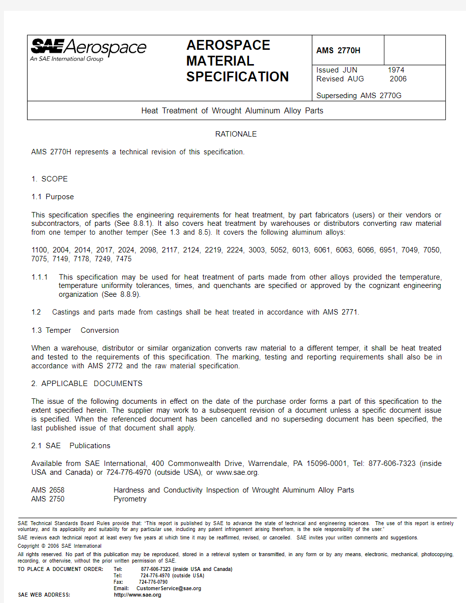 SAE AMS 2770H-2006 Heat Treatment of Wrought Aluminum Alloy Parts