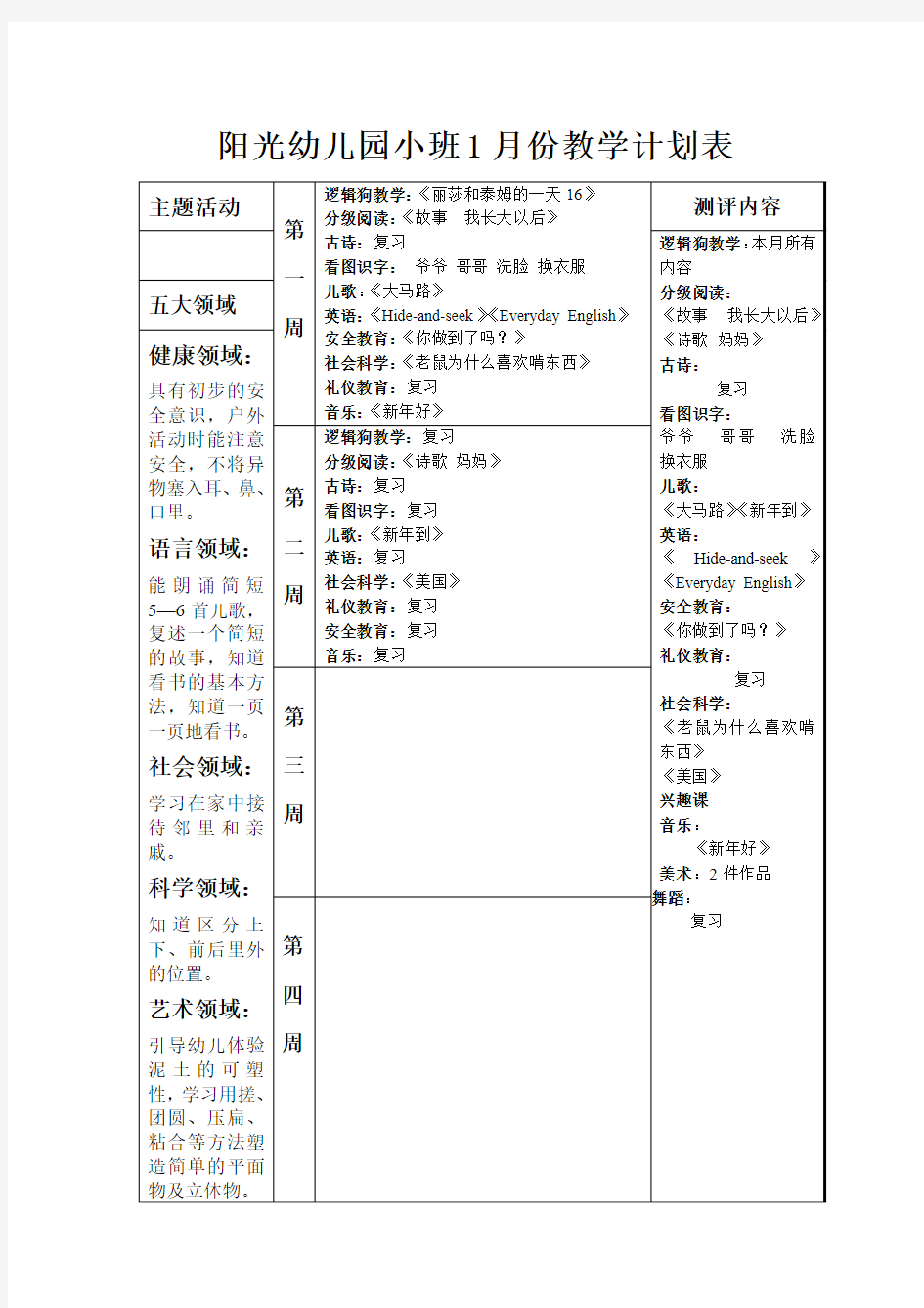 1月分小班月计划