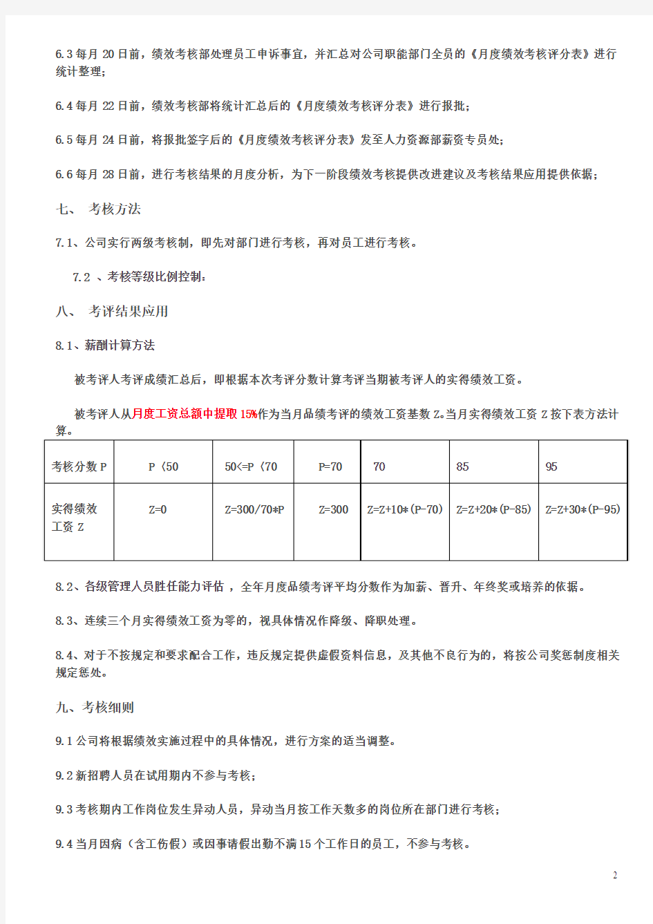 职能部门员工绩效考核方案