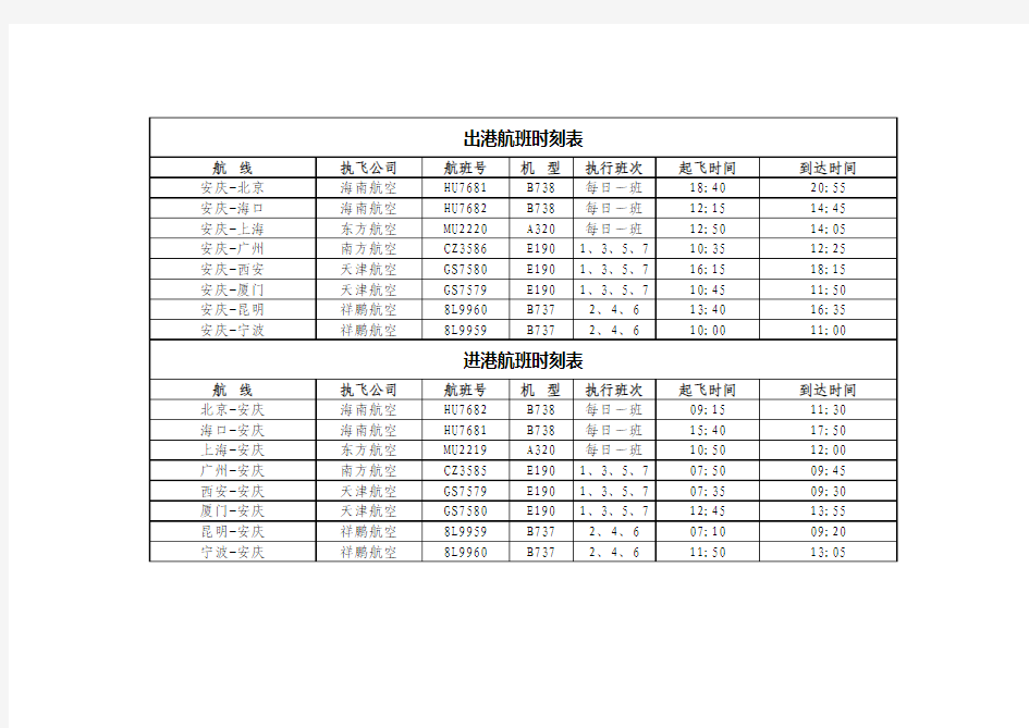 安庆新航班时刻表
