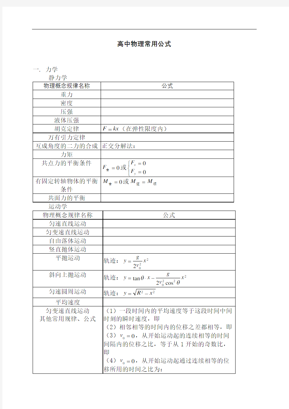 高级高中物理公式总结归纳表