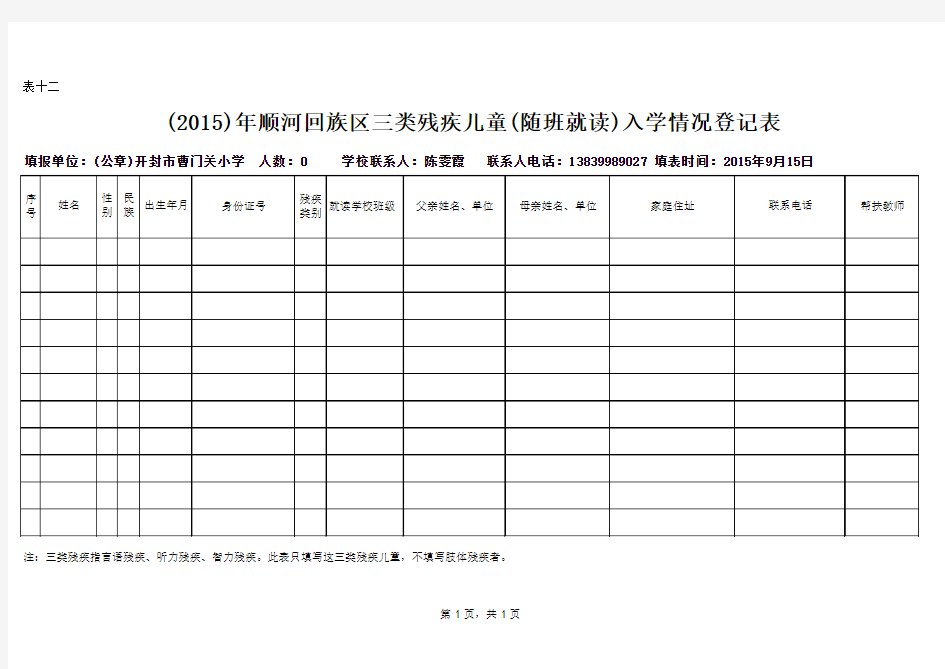 表12：残疾儿童入学登记表(随班就读)