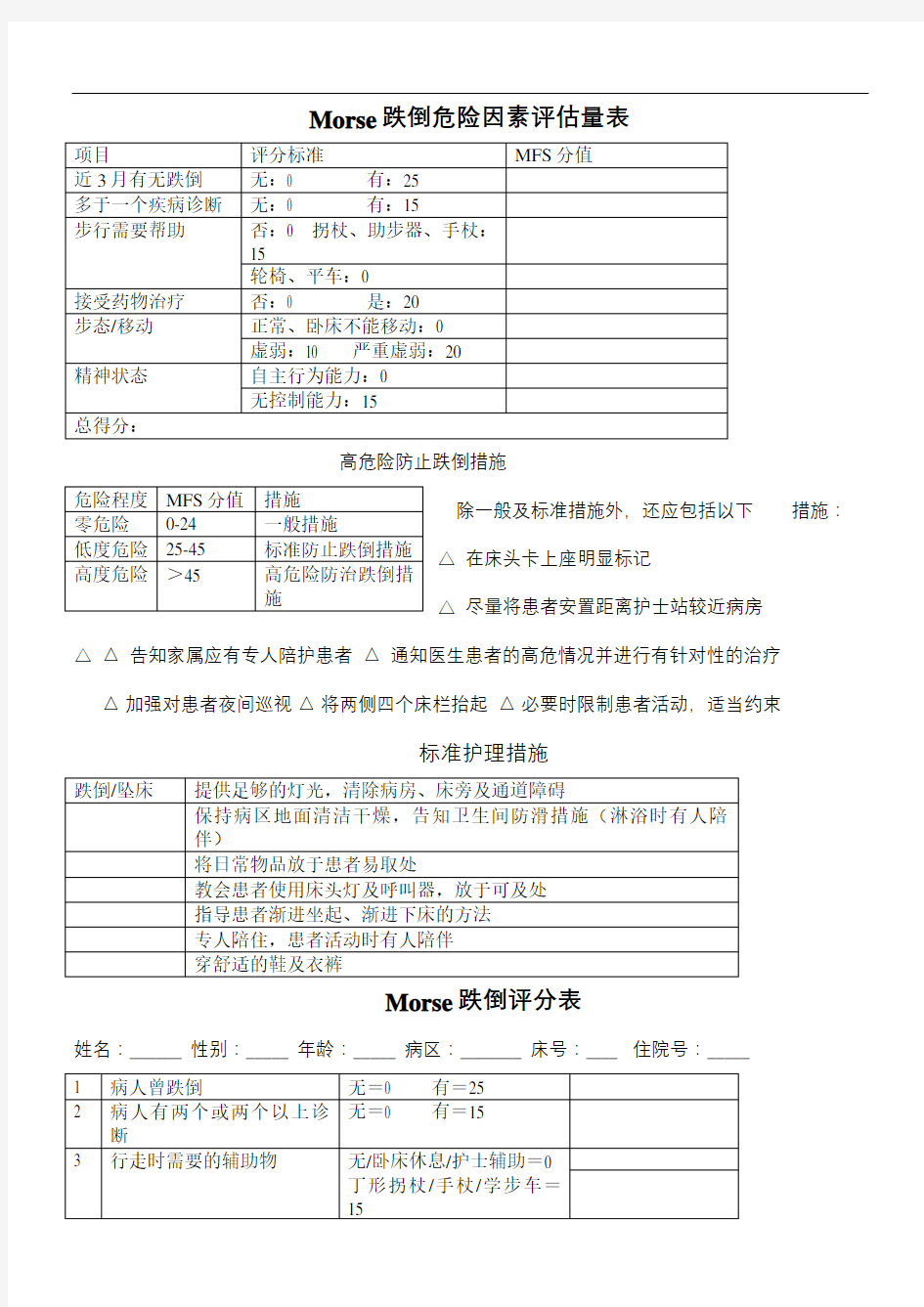 morse跌倒危险因素评估量表