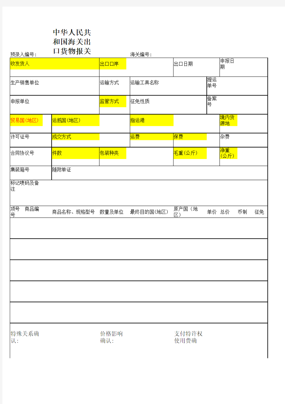 报关单出口填写模板