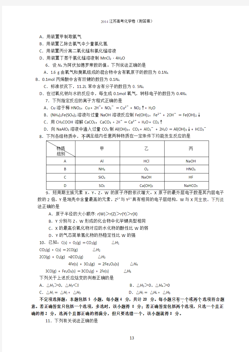 2014年江苏省高考化学试卷及解析