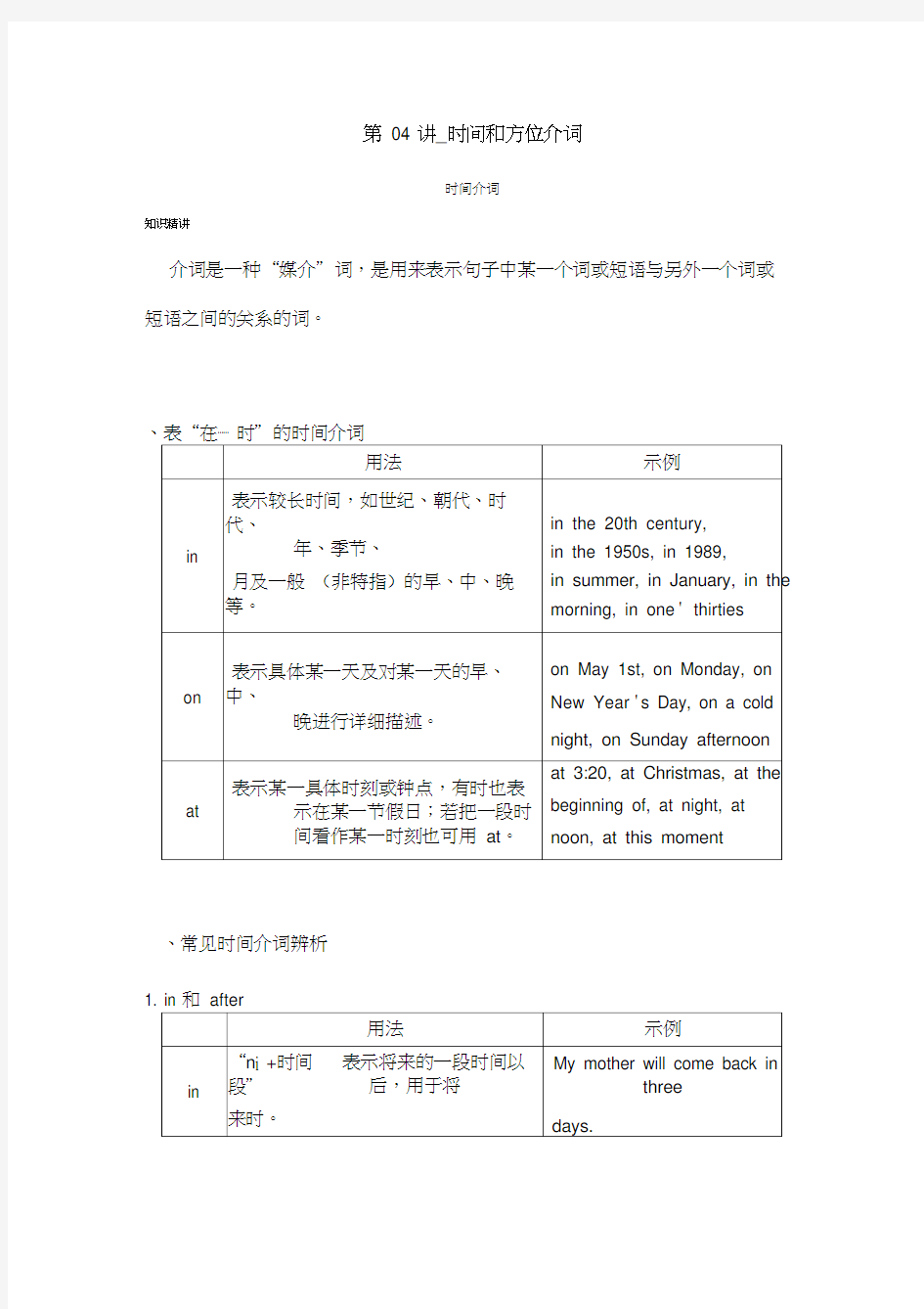 (完整word版)初中英语时间方位介词